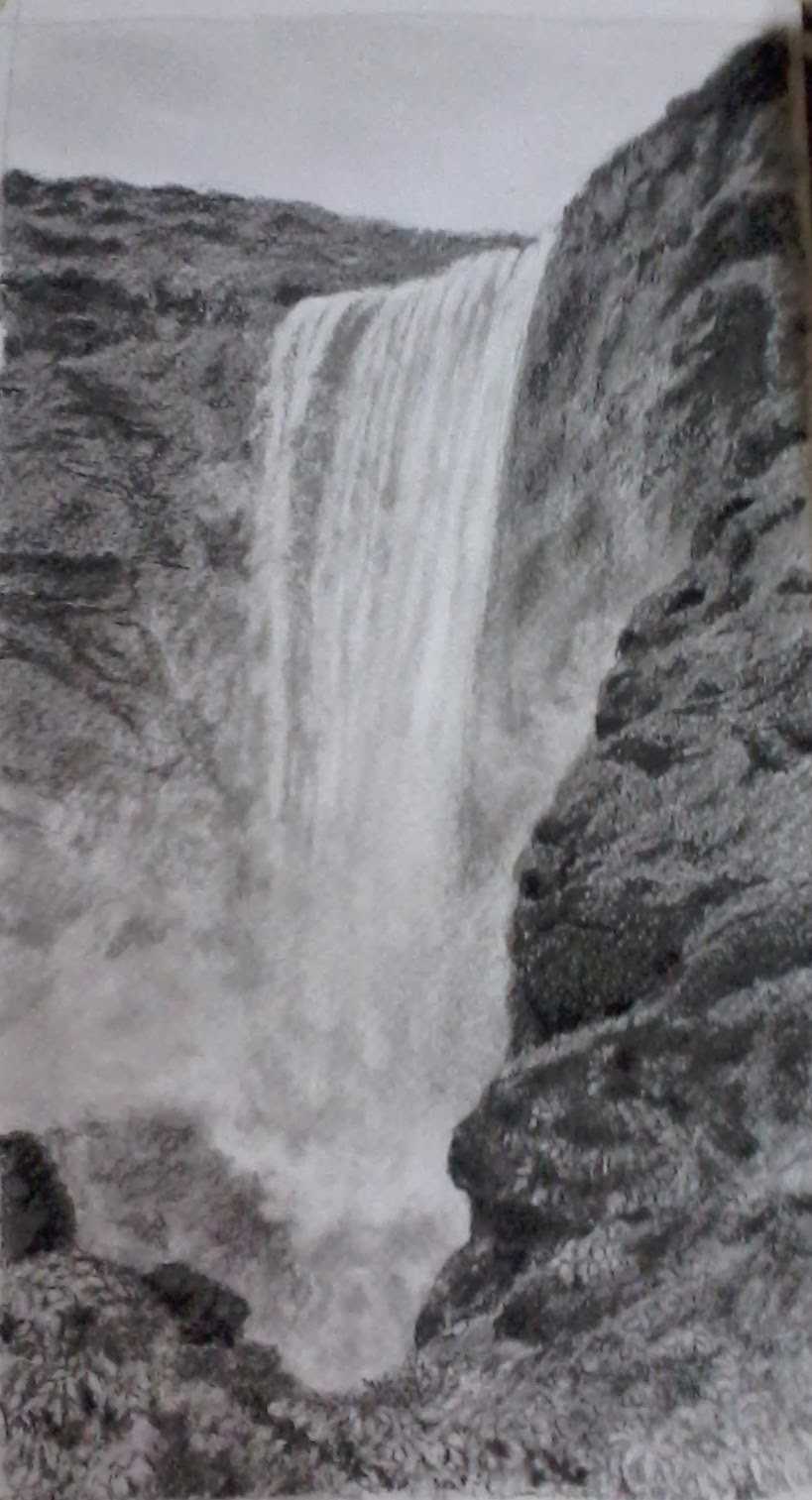 Paintings and Drawings by Manju Panchal Waterfall in charcoal