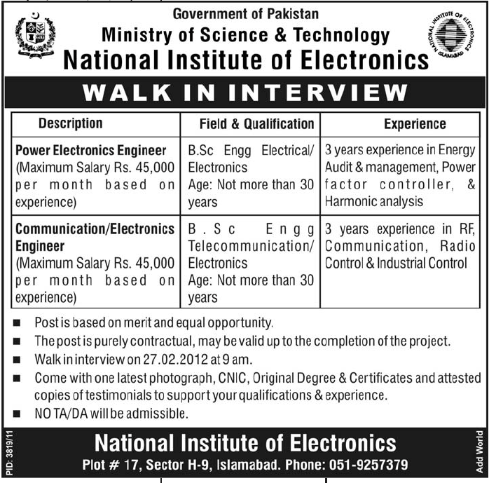 Jobs in Ministry of Science & Technology Islamabad PK, Power