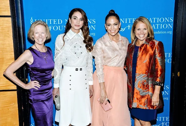 Queen Rania of Jordan, Jennifer Lopez and Kathy Calvin, Katie Couric, President and CEO, UN Foundation attend the UN Foundation's Gender Equality Discussion