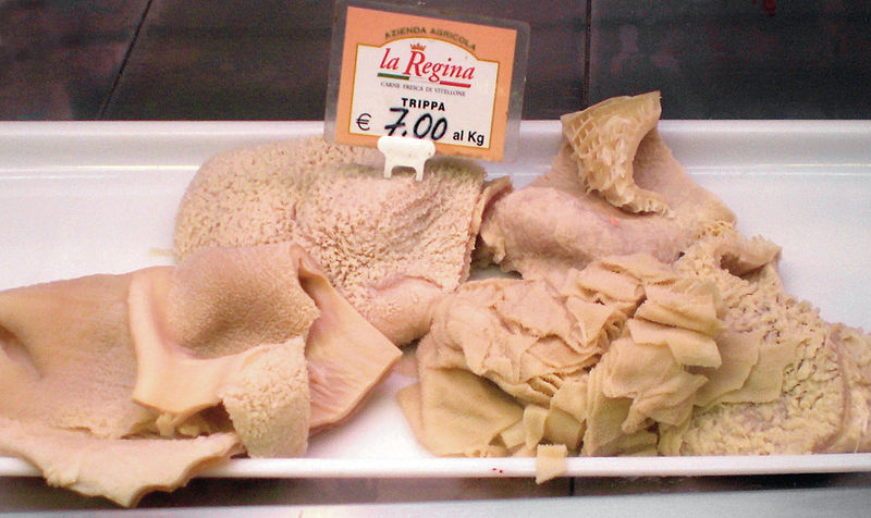 Tripe on display in a butcher's 
