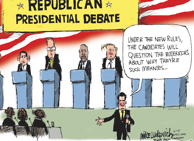 Announcer standing before Republican candidates at debate:  Under the new rules. the candidates will question the moderators about why they are such meanies.