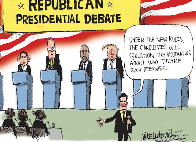 Announcer standing before Republican candidates at debate: Under the new rules. the candidates will question the moderators about why they are such meanies.
