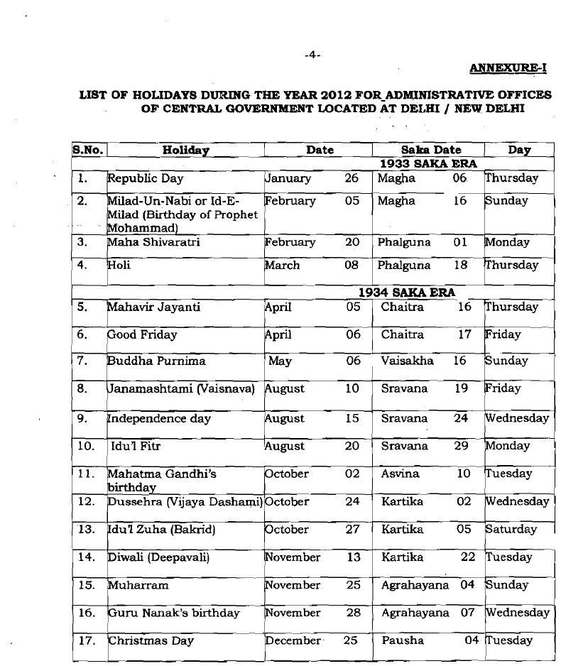 ALL INDIA POSTAL STENOGRAPHERS ASSOCIATION: List of holidays during the