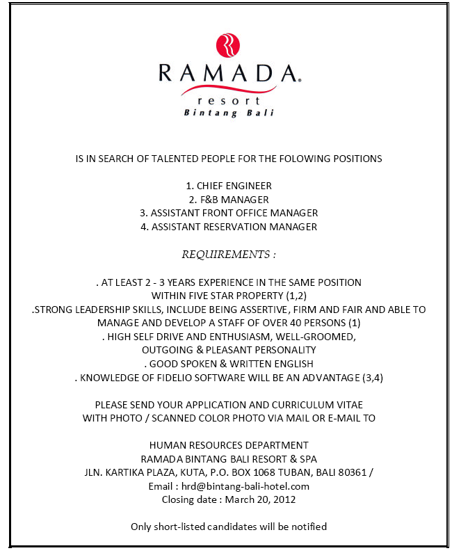 Hhrma Indonesia Hotel Jobs Vacancy Recruitment And Career Hhrma Bali Ramada Bintang Bali Resort