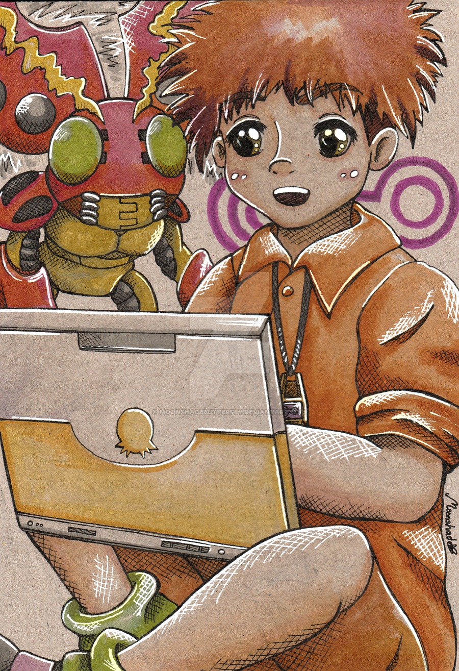 Izzy e Tentomon vendo algo no computador