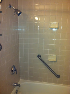 a shower with a grab bar