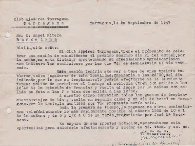 Carta del Club Ajedrez Tarragona en 1947