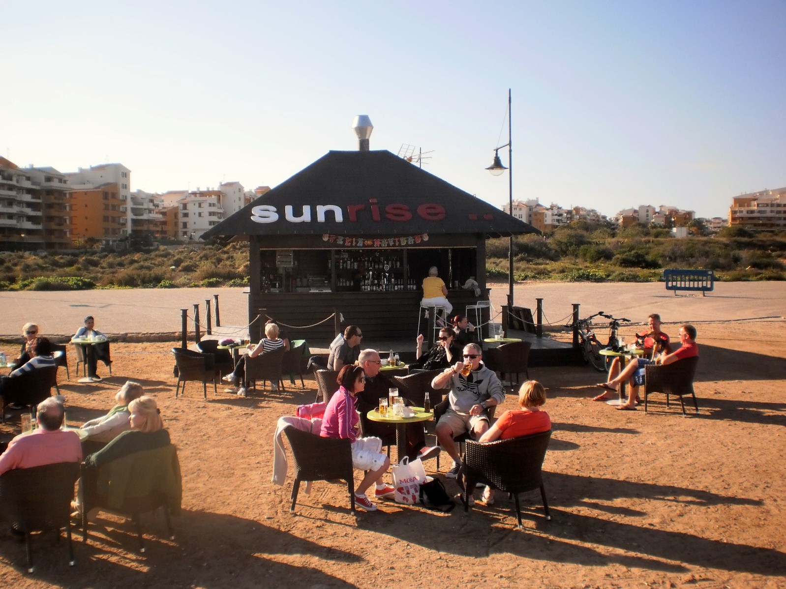 SPAIN NOW WALKING beach bar, Sunrise , Orihuela Costa Spain