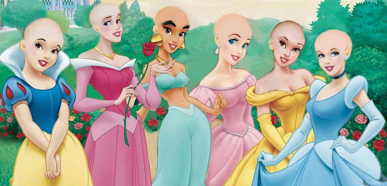 Six bald disney princesses in solidarity with children with childhood cancer