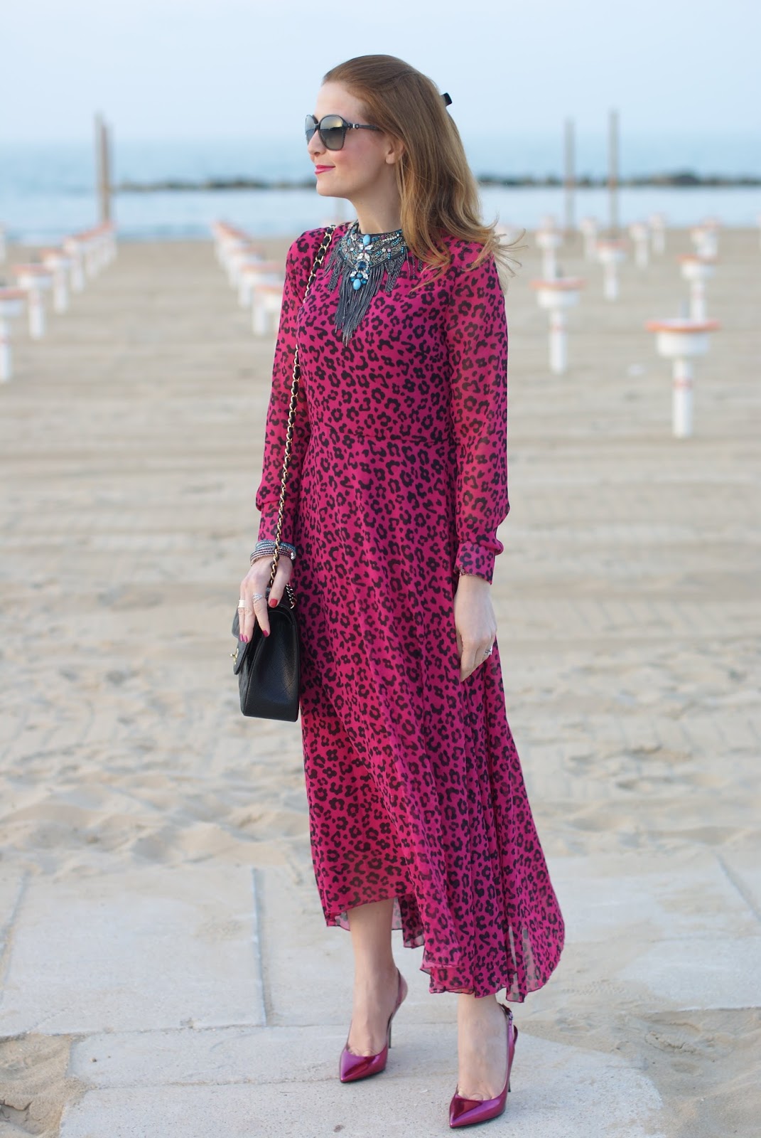 chiffon maxi dress, SimonaB Bijoux necklace, pink leopard dress, Fashion and Cookies fashion blog, fashion blogger style
