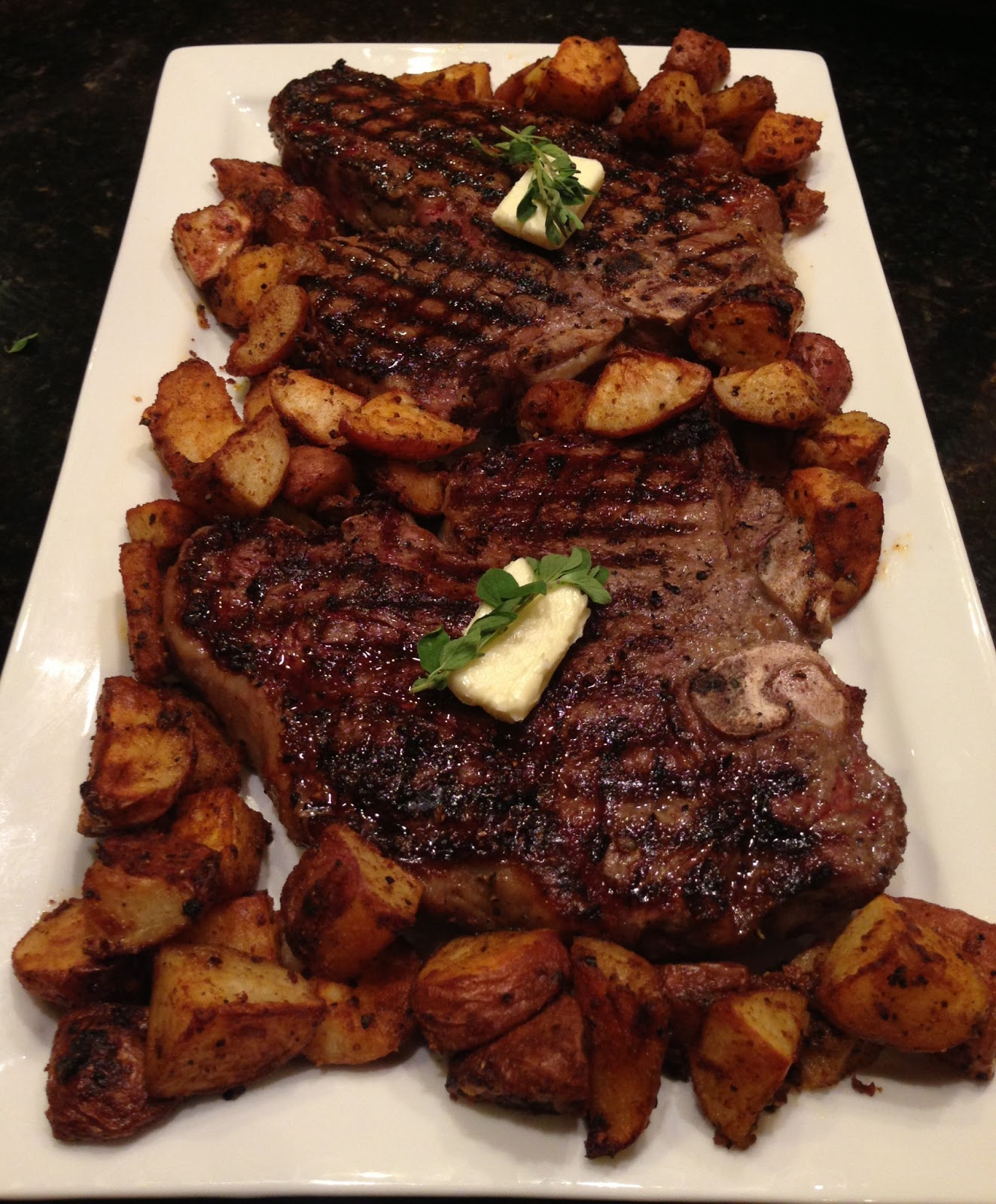 Party with Leah TBone Steaks with Roasted Garlic Adobo Potatoes and Garlic Herb Butter