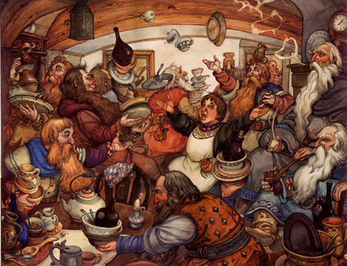 03-Unexpected Party-Artist-David-Twenzel-Watercolour-The-Hobbit-Frodo-Baggins-Gandalf