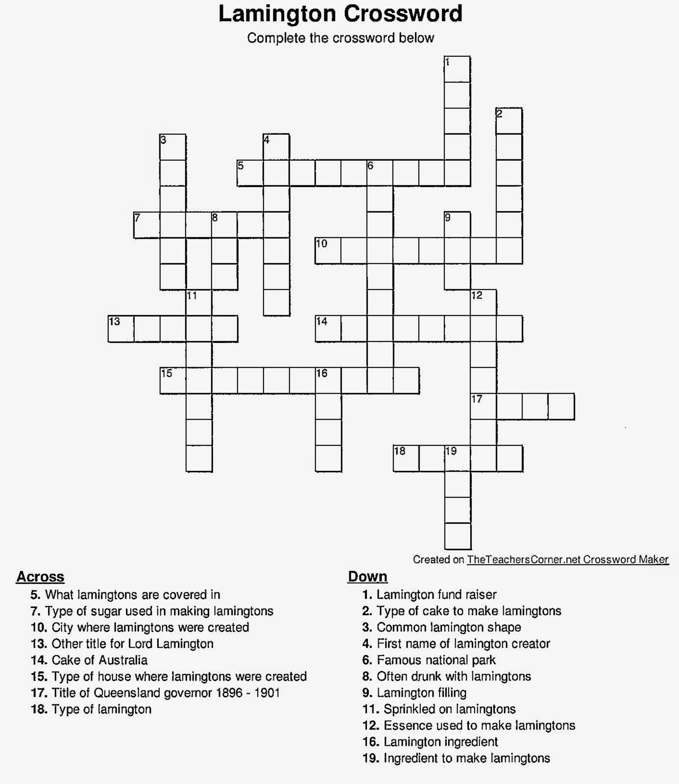 World's First Lamington Crossword