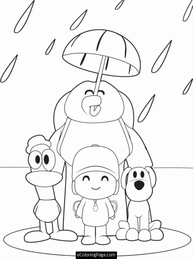 Kids Page: Playing In The Rain Pato Elly Loula And Pocoyo Coloring Pages