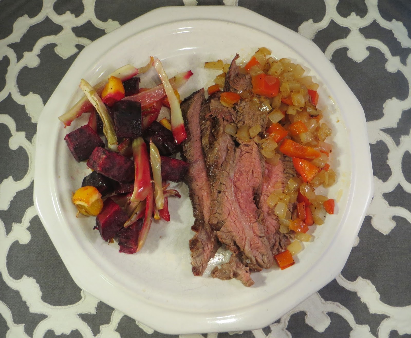 Chez Mona Grilled Flank Steak with Peppers and Onions