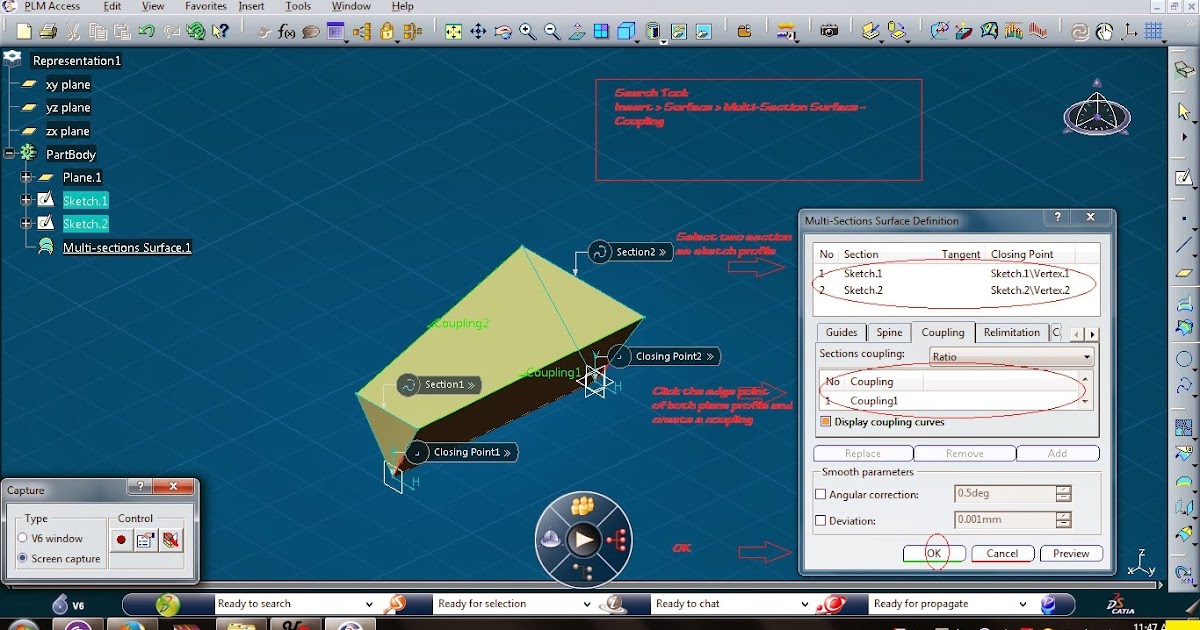 How to Create a MultiSection Surface Coupling in CATIA CADDSKILLS
