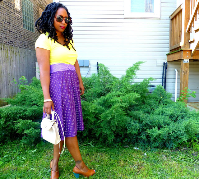 vintage purple polka dot skirt and vintage coach bag