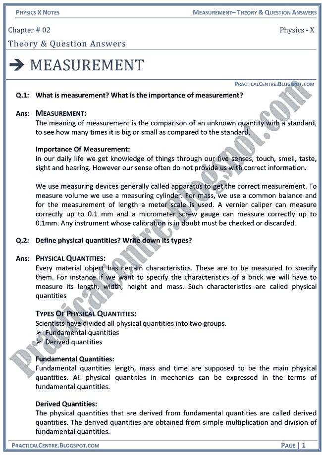 Measurement - Theory & Question Answers - Physics X