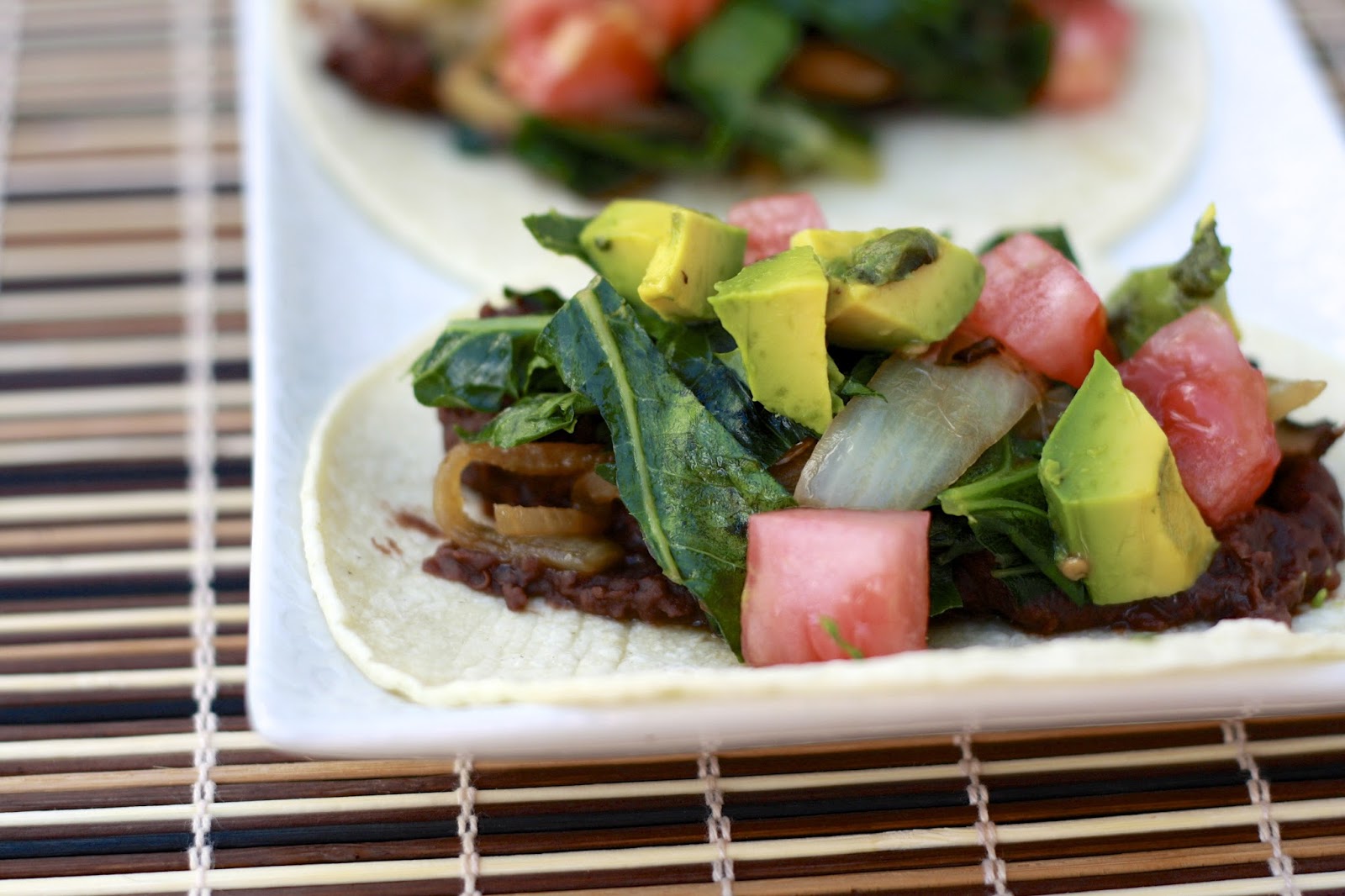 Black Bean and Greens Tacos with Mushrooms and Caramelized Onions