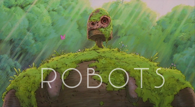 A robot covered in moss with the word robot written on it.