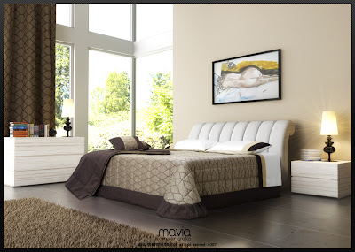 Ambientazioni di interni 3d - Mobili camere da letto- letto matrimoniale dal design moderno con copriletto e tenda in tinta
