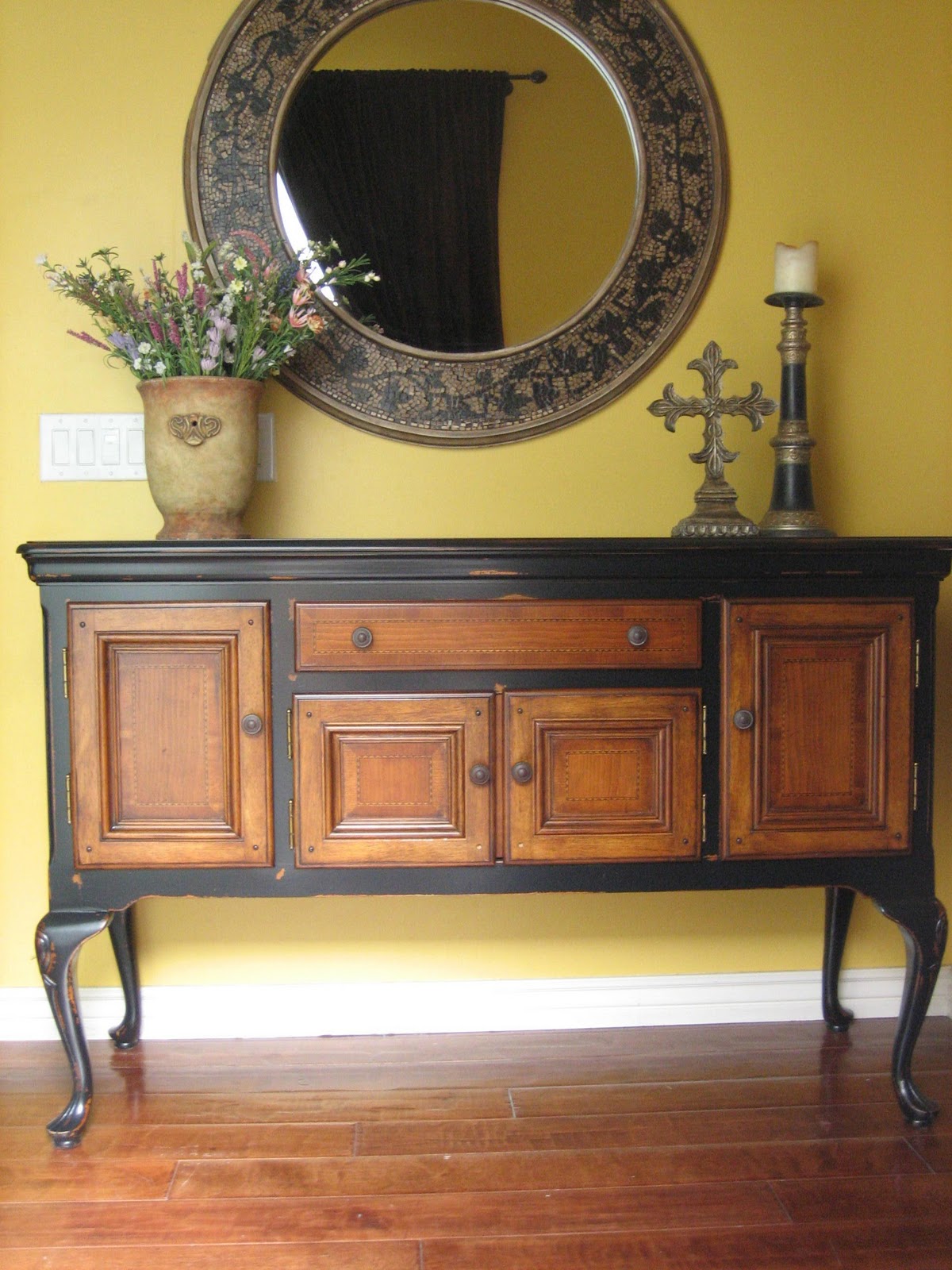 European Paint Finishes Black Sideboard w/ Wood Inlay