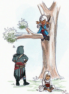 En esta imagen satírica vemos a Connor burlandose de sus ancestros por no poder trepar.