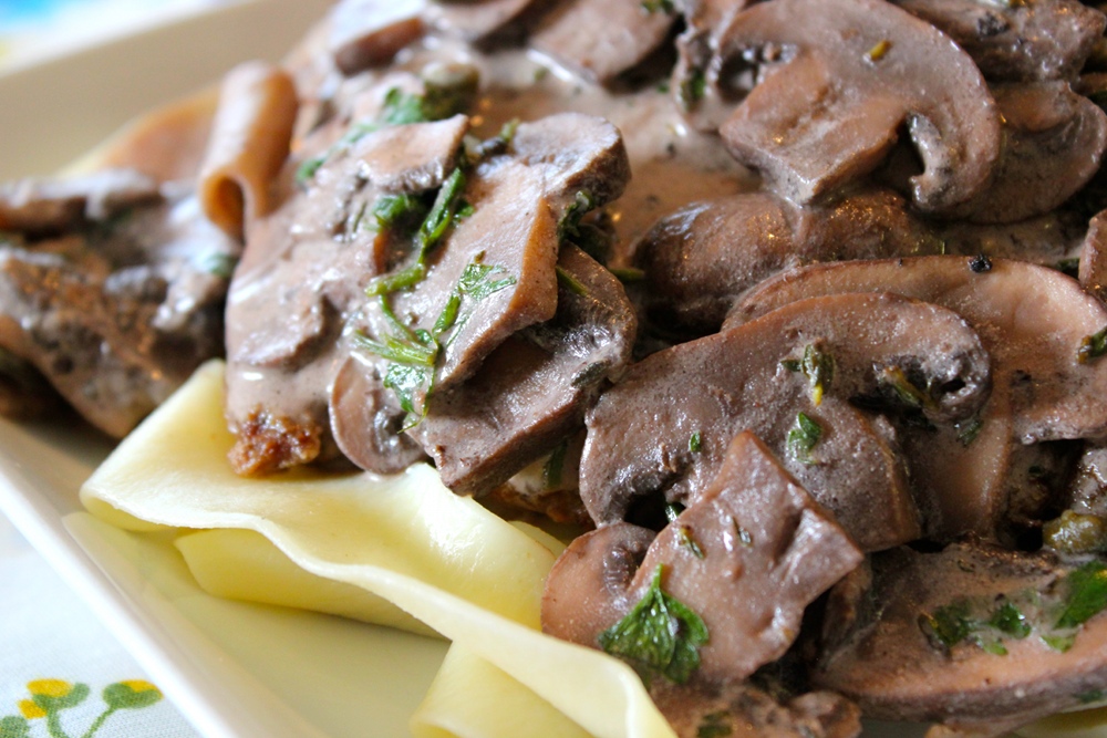 Taste Buds Baby Cow Piccata with Red Wine Mushroom Sauce. Moo.