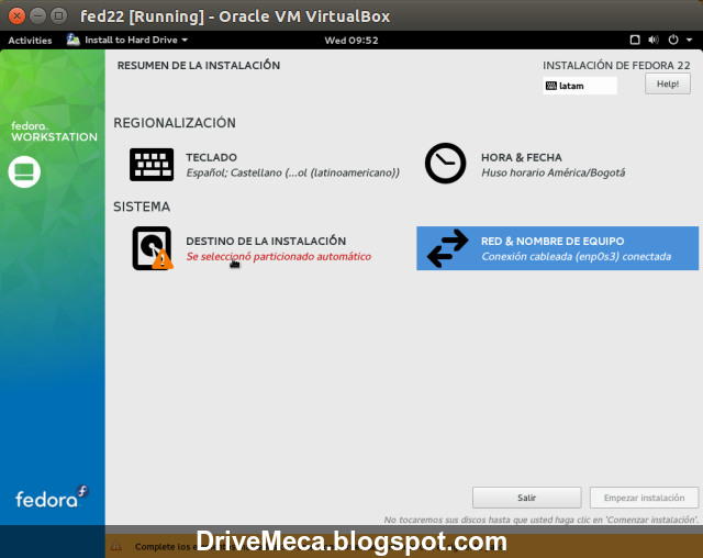 DriveMeca instalando Fedora Linux Workstation 22 paso a paso