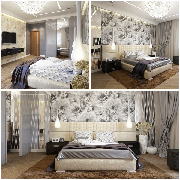 Bedroom Glamor Ideas Gray bedroom with a floral pattern wallpaper