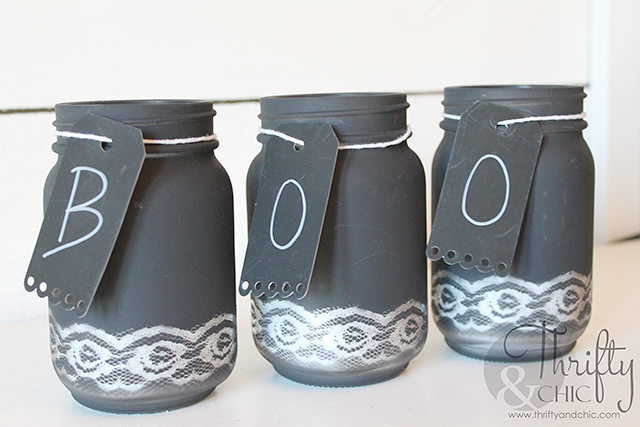 Spray paint mason jars for Halloween with lace! Great last minute DIY Halloween project