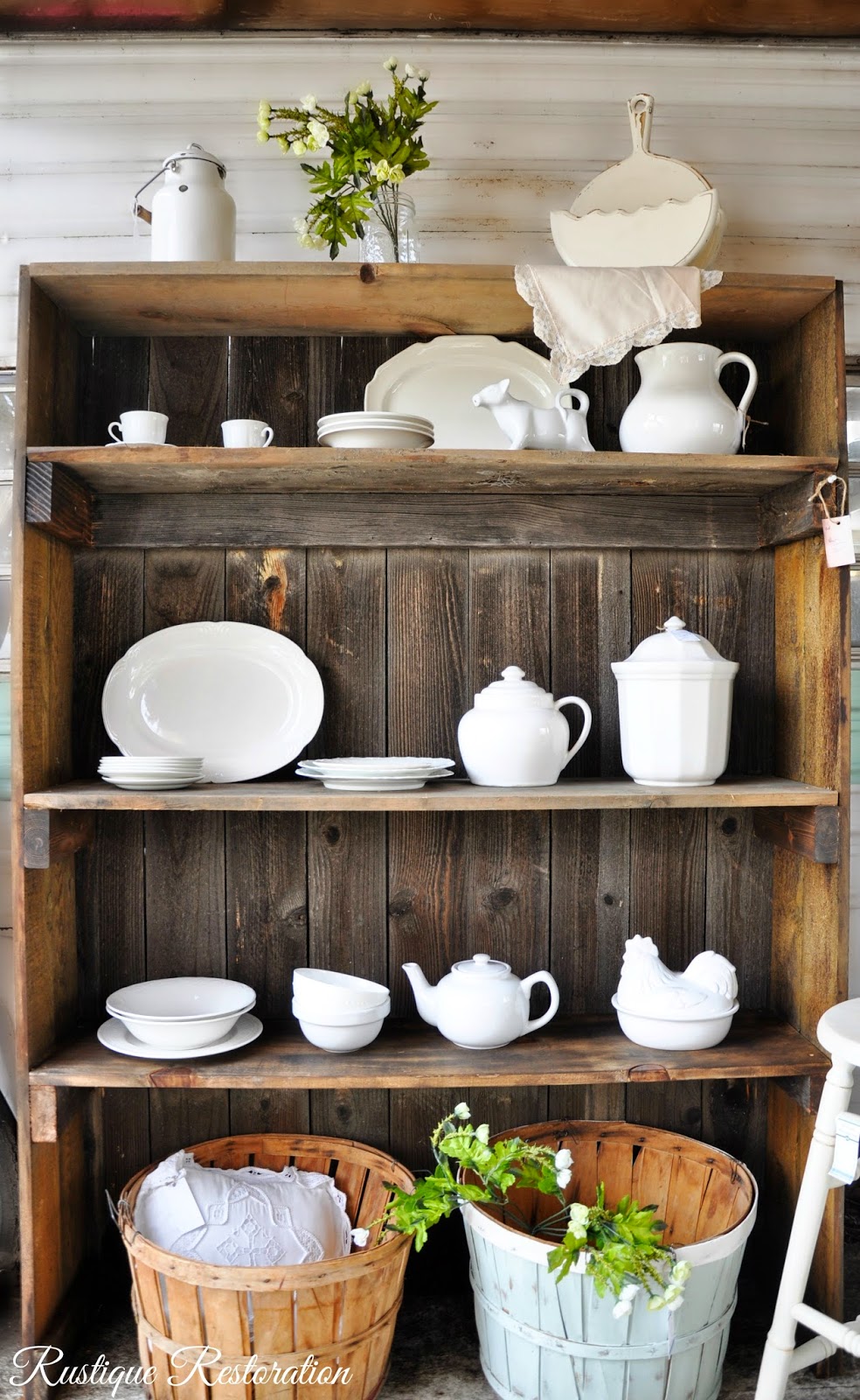 Rustique Restoration Reclaimed Wood Shelves and White Dishware!