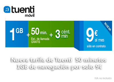 Nueva tarifa de Tuenti movil 50 minutos y 1GB de navegación por solo 9€ al mes. 