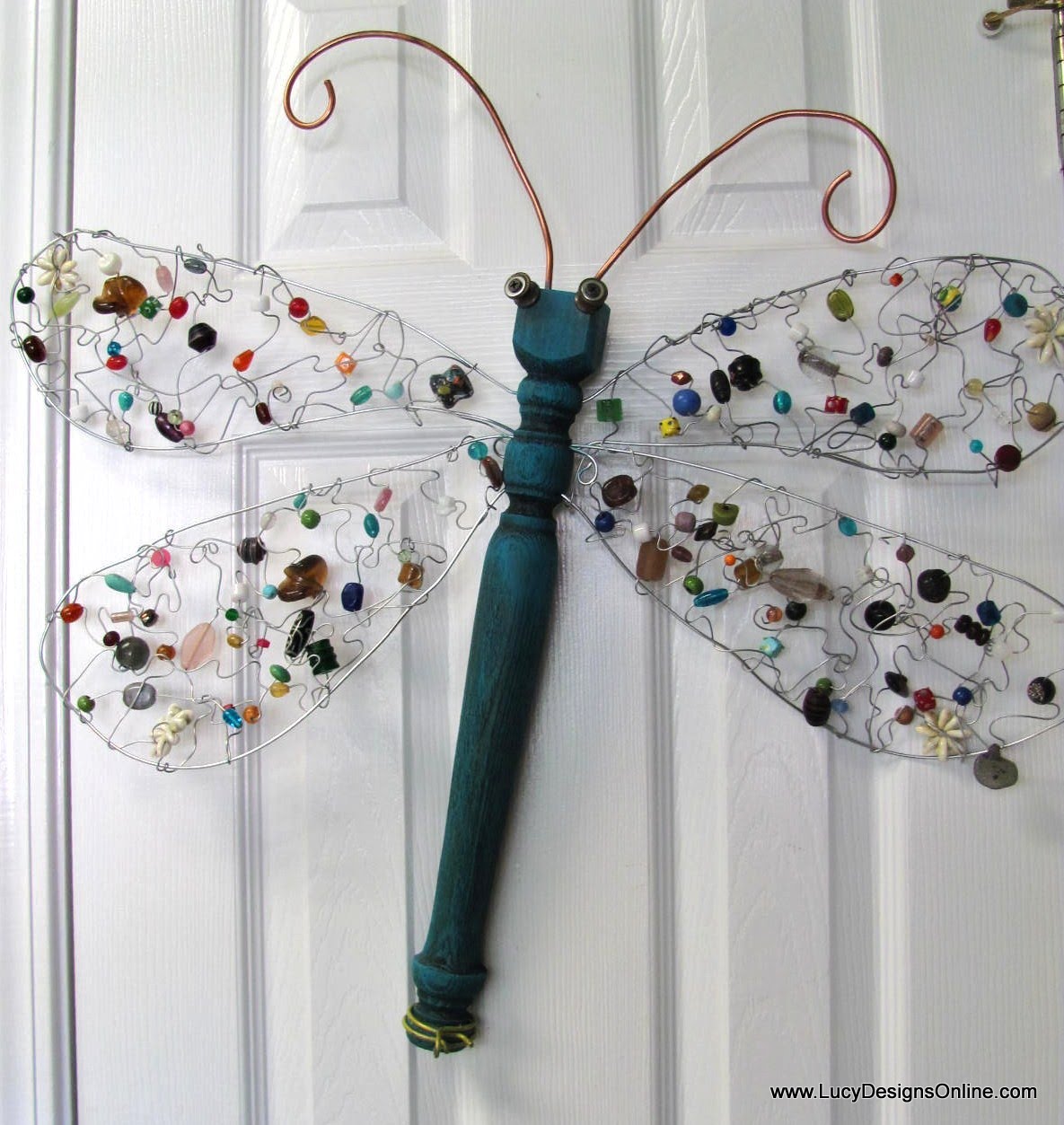 Table Leg Dragonfly with Beaded Wire Wings, Recycled Art Lucy Designs
