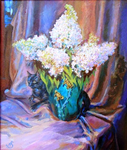 original oil painting on canvas White Flowers and Black Cat