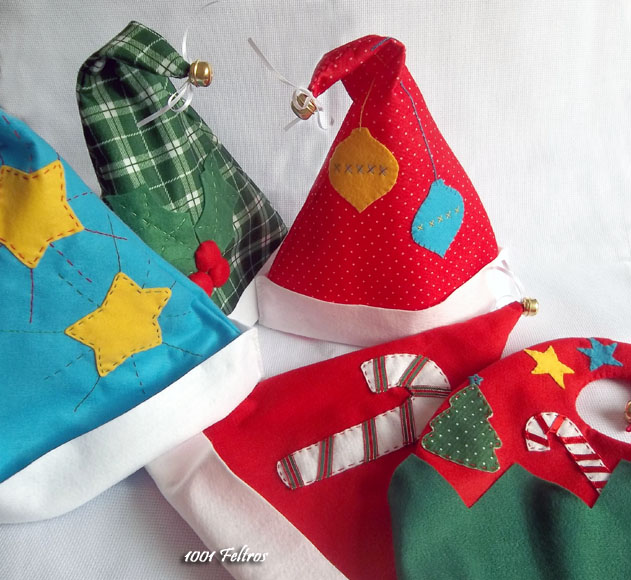 Gorro de natal c/ tranças 1001 Feltros: Meias e gorros de Natal.