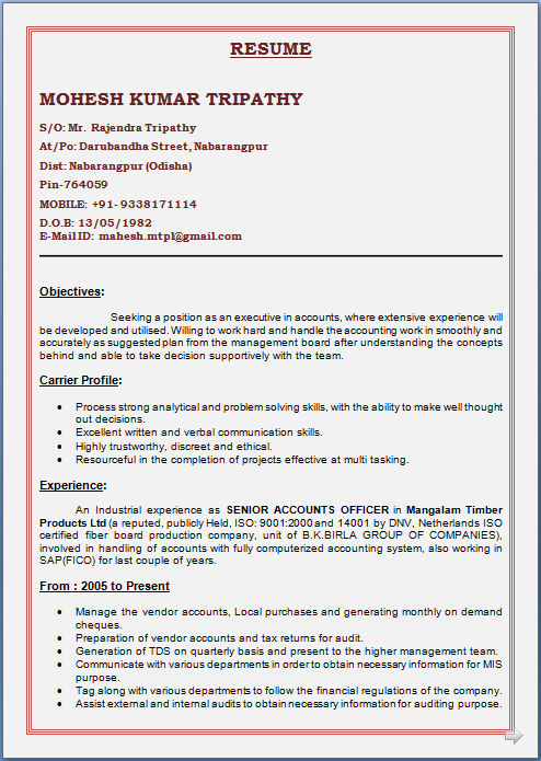 Resume format of experienced hr