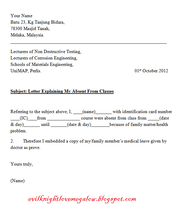 i am evil knight example letter absent from classes absent from class letter