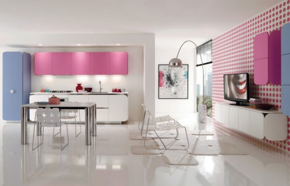 pink blue kitchen living