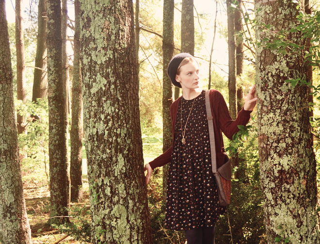 Outfit: black ditsy print smocked dress with burgundy cardigan Outfit: black ditsy print smocked dress with burgundy cardigan