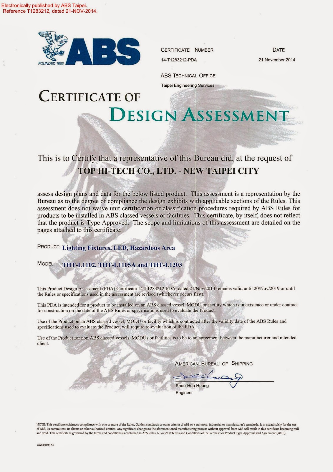 THTEX receive ABS certification for Explosionproof Lighting marine