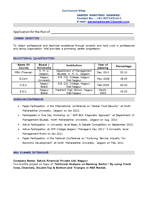 Sample Resume Format For Mba Finance Freshers Sample Resume Format For Mba Finance Freshers