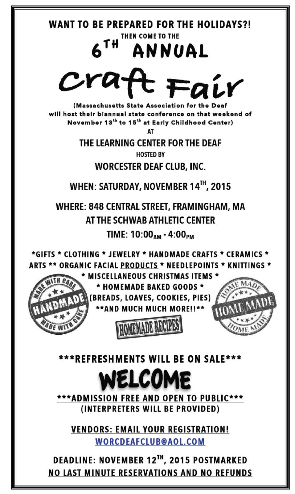 Worcester Deaf Club, Inc. Est 1946 Annual CRAFT FAIR Event