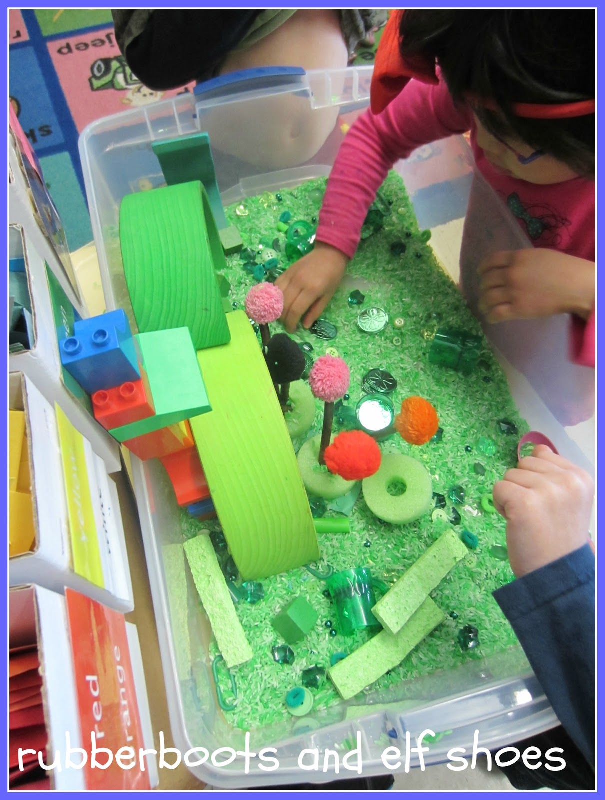 March sensory bin rubber boots and elf shoes