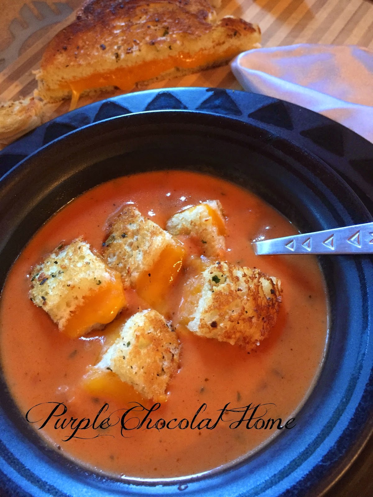 Garlic Butter Grilled Cheese Croutons with Tomato Basil Soup Purple