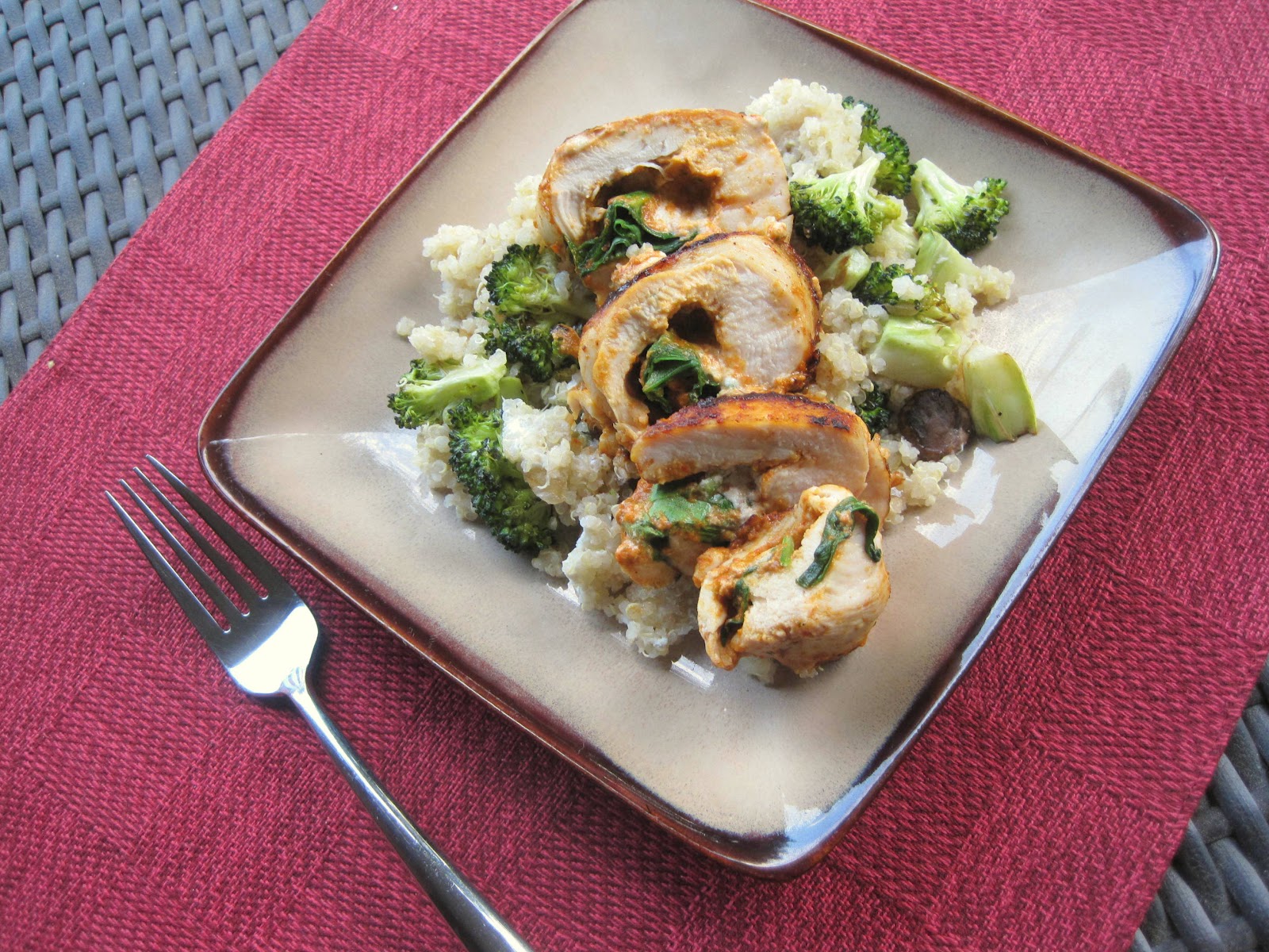 Lemons and Lima Beans chicken roulade with roasted red pepper pesto, spinach, and goat cheese