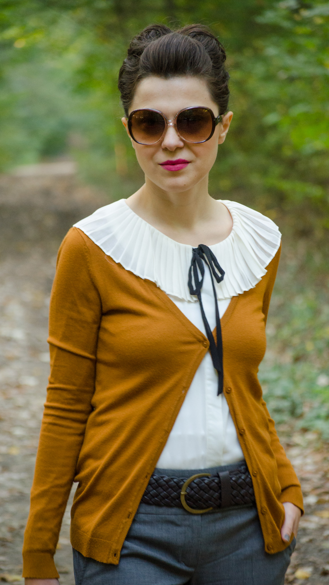 grey flare pants peter pan collar ivoire shirt black bow tie burgundy bag autumn outfit forest cardigan