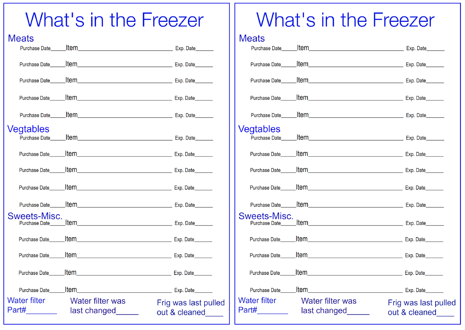 Freezer Chart