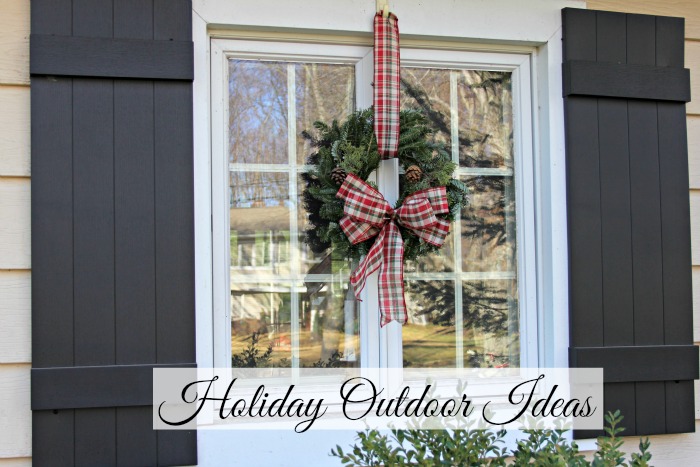 Window with fresh wreath and black board and batten shutters - www.goldenboysandme.com