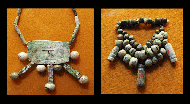 Merida Mexico Palacio Canton Archaeology Museum two examples of jewelry from Chichen Itza Cenote